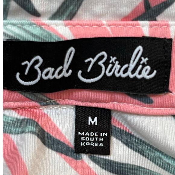 Bad Birdie Mens Med Pink/Green Palm Leaf Short Sleeve Vacation Golf Polo Shirt - Picture 2 of 7